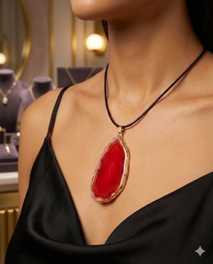 Collar piedra natural roja con borde dorado